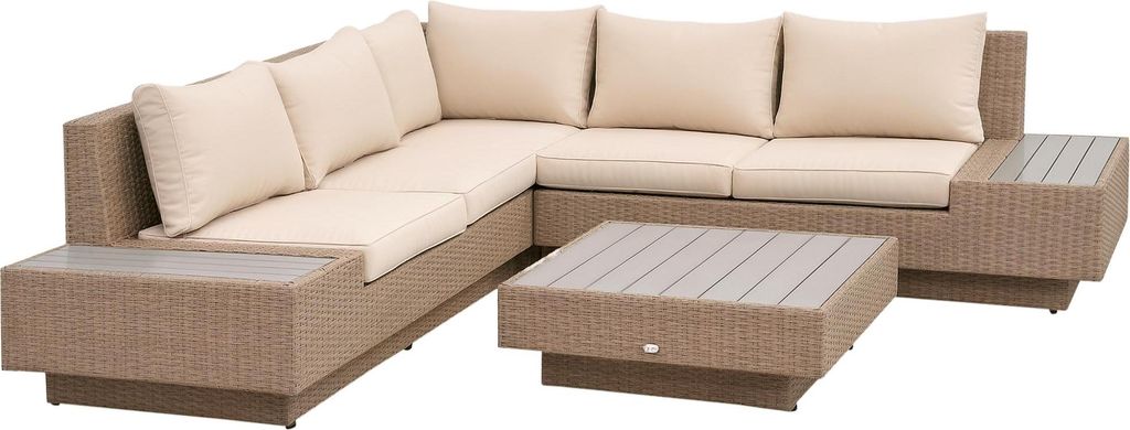 4-tlg. Luxus Polyrattan Gartengarnitur Gartenmöbel Garten-Set Sitzgruppe Loungeset Loungemöbel inkl. Ablagen und Beistelltisch Sitzkissen Braun