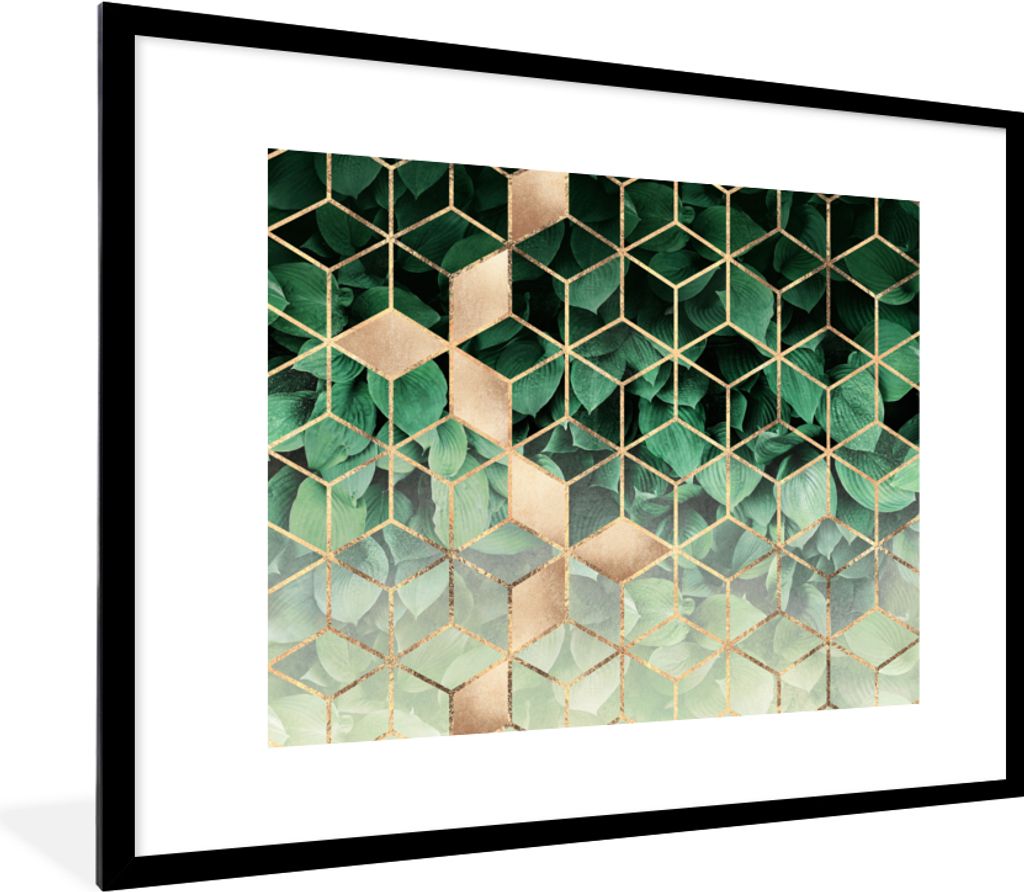 MuchoWow® Gerahmtes Poster Blätter - Gold - Muster - Würfel Produktbild 