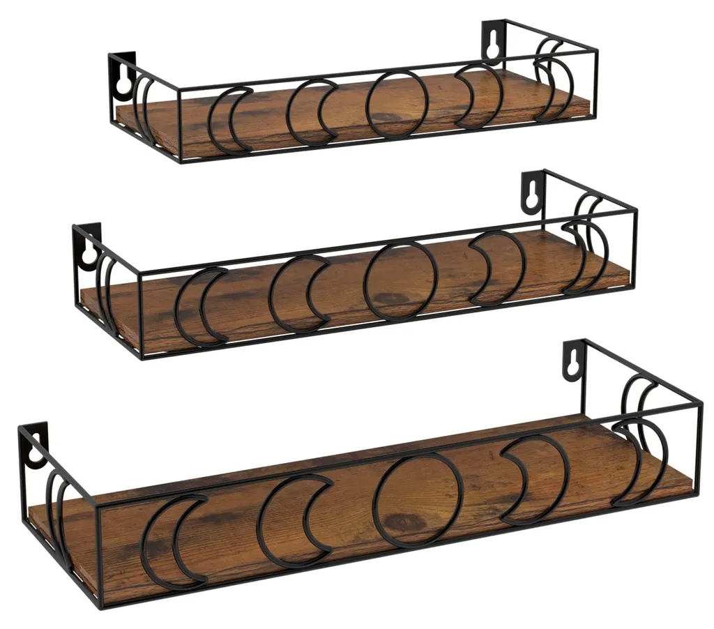 Set d'étagères murales en bois et métal noir, design phases de la lune