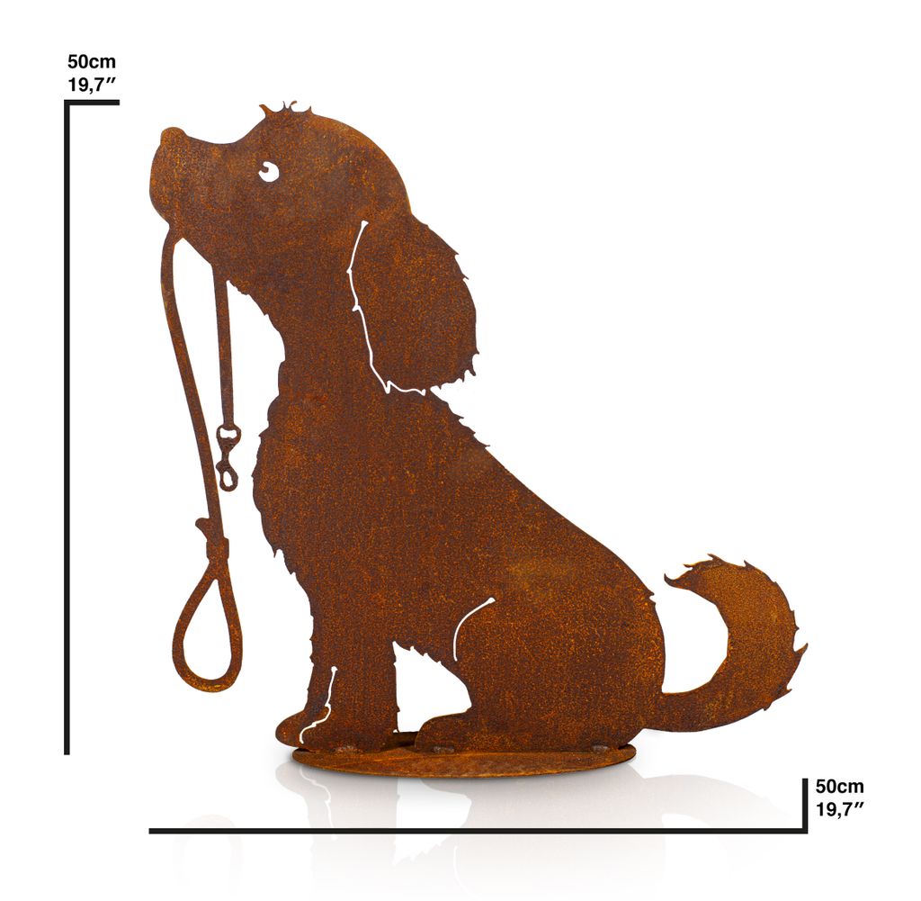 Edelrost Hundefigur Sitzend Mit Leine – 30x27 Cm Gartendeko Aus Metall