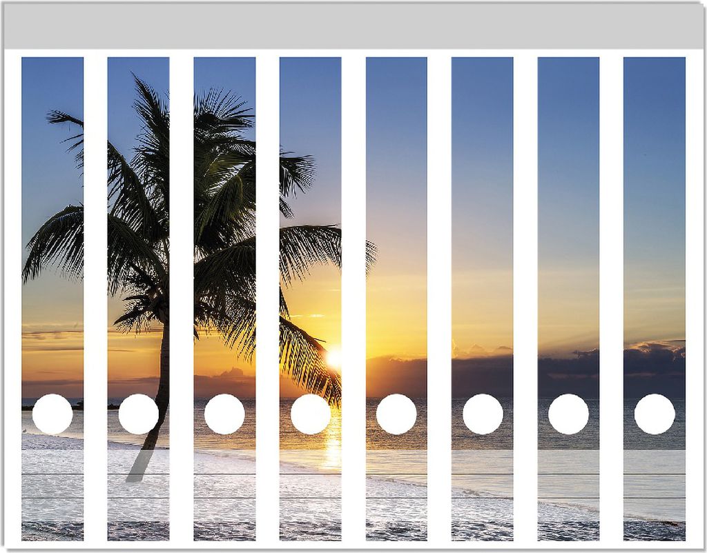 Wallario Ordnerrücken Sticker, selbstklebend für schmale Ordner, 8 Stück, Motiv Palme am Strand - Sonnenuntergang über dem Meer