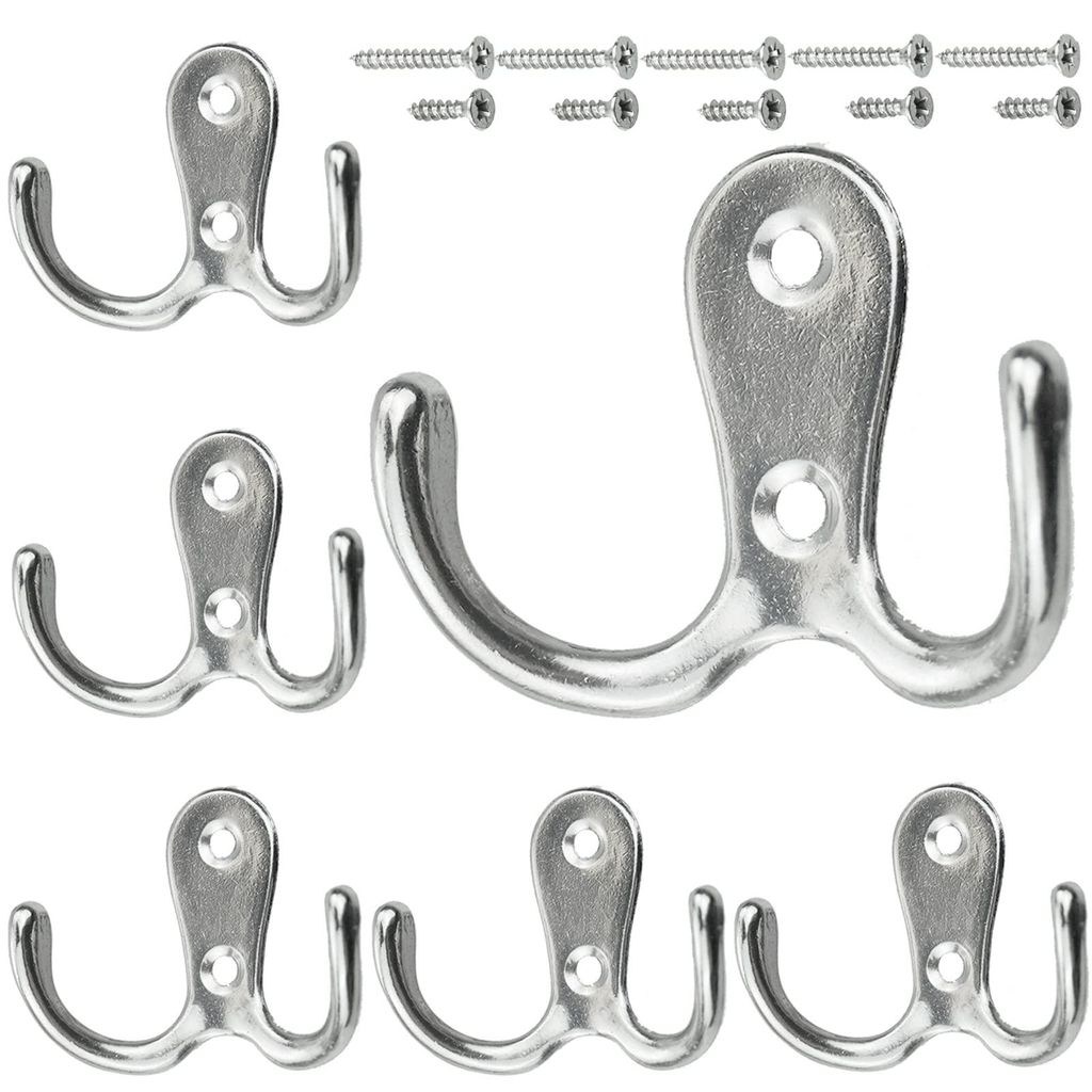 Silberfarbene Garderobenhaken, 6 Stück, Kleiderhaken im Vintage-Stil mit Schrauben, doppelte Metallhaken, Wandgarderobenhaken für Bad und Küche ...