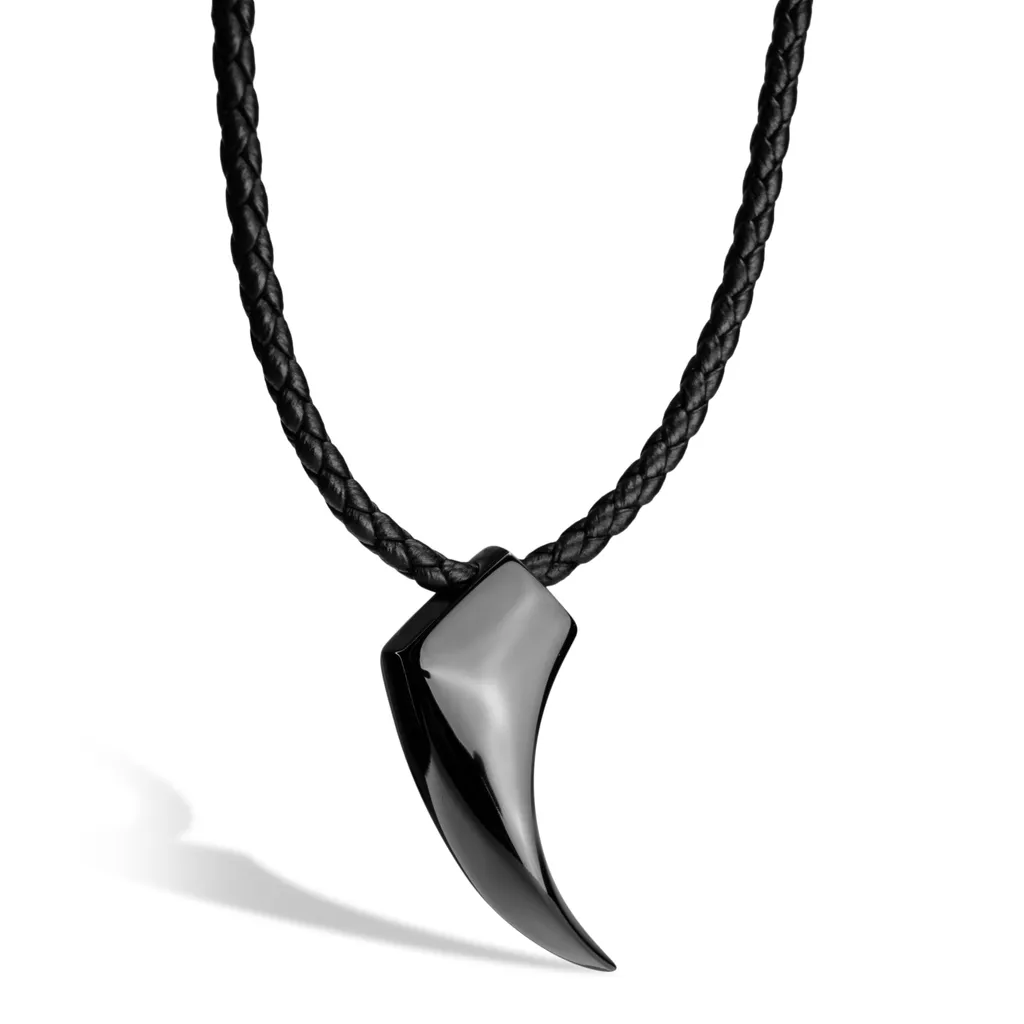 Collier loup homme pour style motard ou rock en cuir et acier noir 60cm