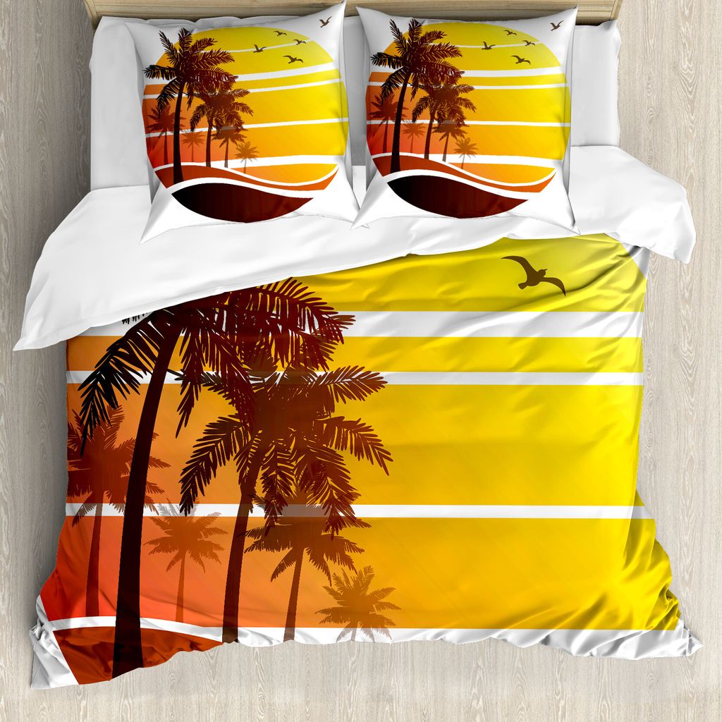 ABAKUHAUS Tropisch Bettbezugs Set Für Doppelbetten, Sonnenuntergang am exotischen Strand, Milbensicher Allergiker geeignet mit Kissenbezügen, Gel...