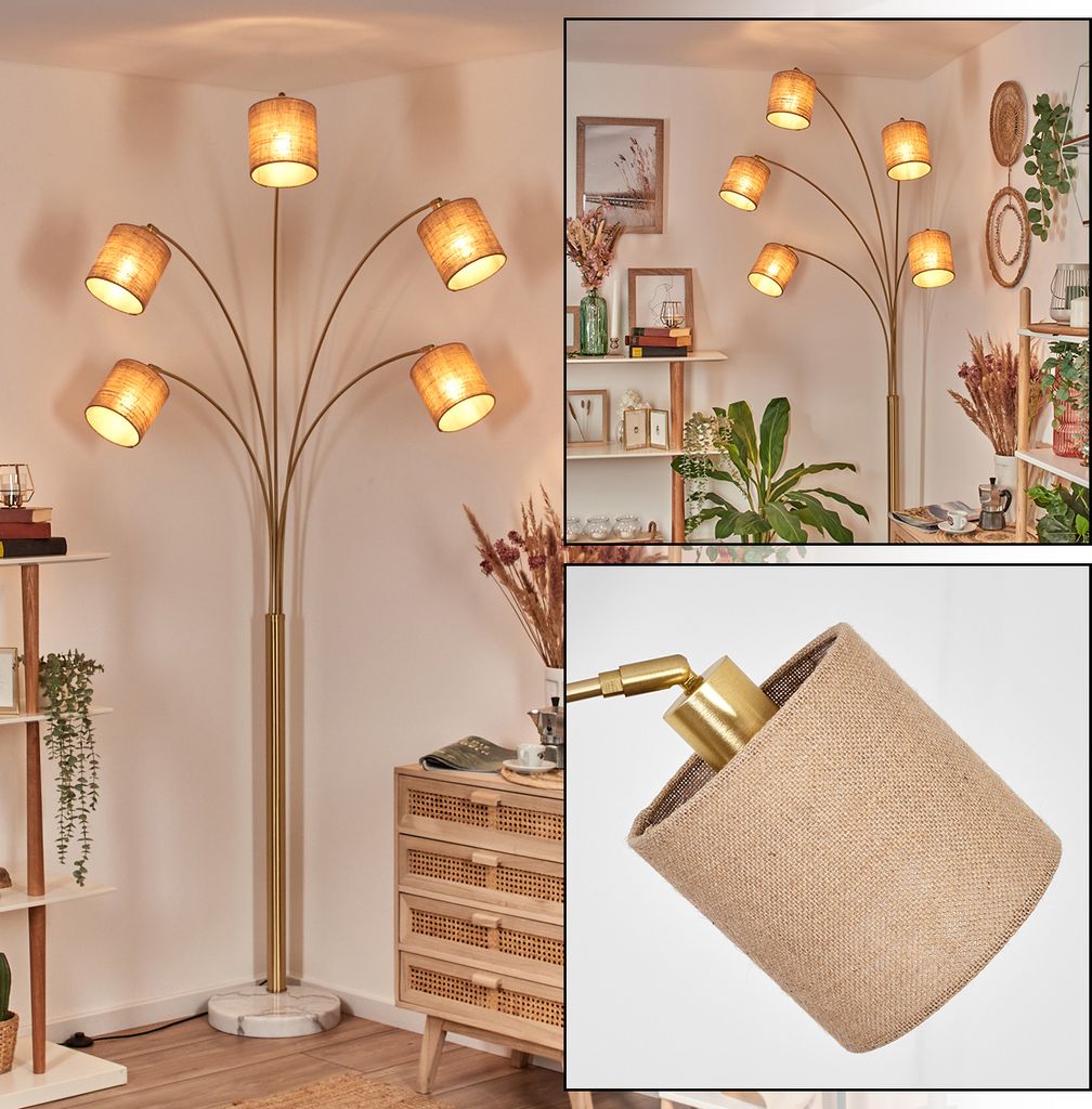 Tubione Stehlampe aus Metall/Leinen in Messing gebürstet/Schwarz/Weiß/Natur