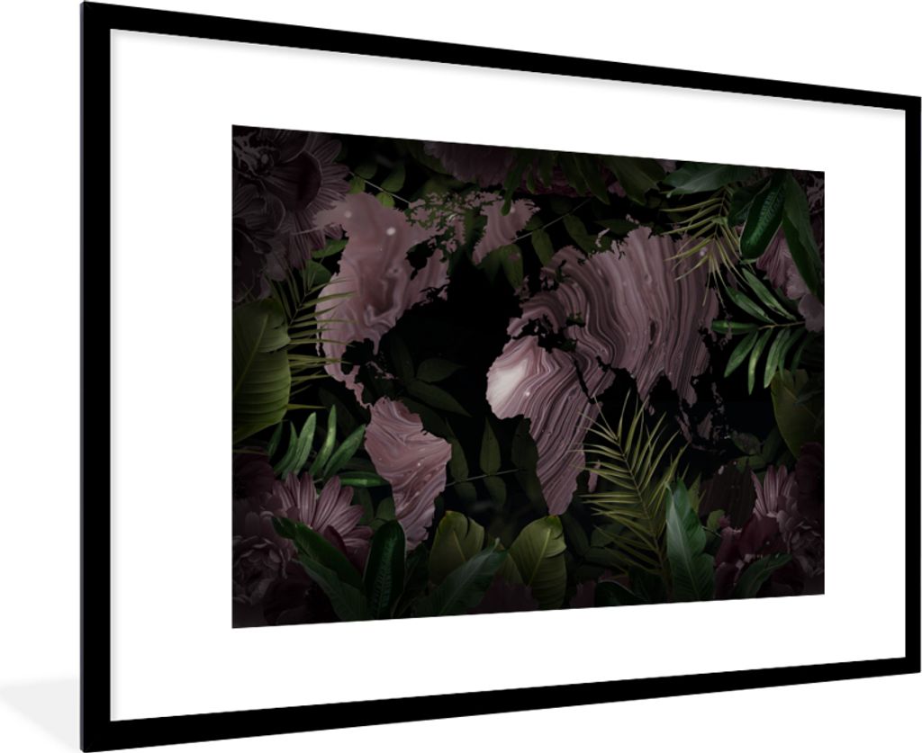 MuchoWow MuchoWow Gerahmtes Poster Weltkarte - Lila - Blätter 90x60 cm - Poster mit zchwarzem Bilderrahmen - Wanddekoration - Fotos