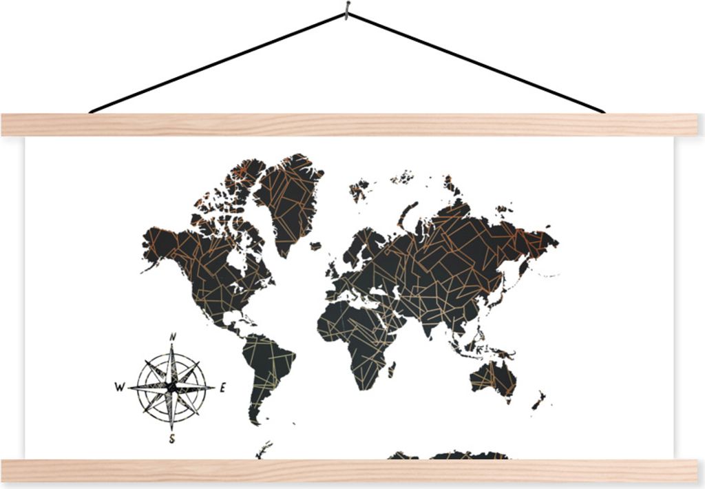 MuchoWow Textilposter Weltkarte - Windrose - Gold - Design 120x60 cm mit holzfarbenen Rahmen - Klemmleiste