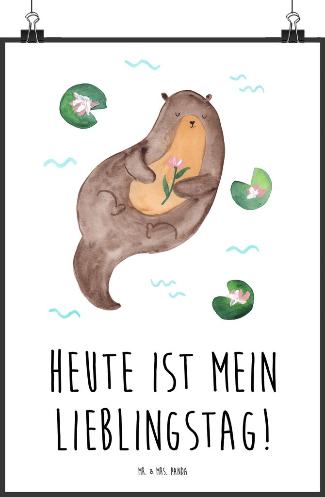 Mr. & Mrs. Panda Bild Otter Seerose DIN A1 - Weiß - Geschenk, Plakat, drucke, Lieblingstag, Seeotter, Wandbild, wanddeko, Kunstdruck, Fluss, Wasser