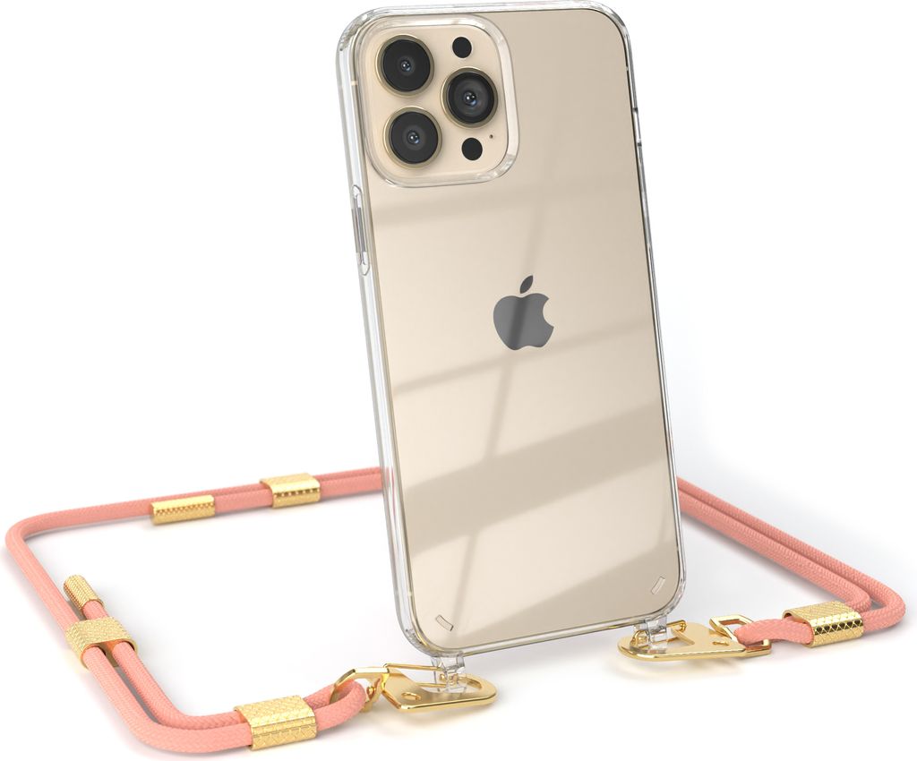 EAZY CASE Handykette für Apple iPhone 13 Pro Max, Transparente Silikonhülle mit Band, Clear Case, abnehmbar in Rosa