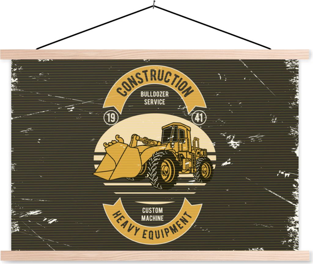 MuchoWow Textilposter Bulldozer - Gelb - Zeichnung - Retro 120x80 cm mit holzfarbenen Rahmen - Aufhängeset