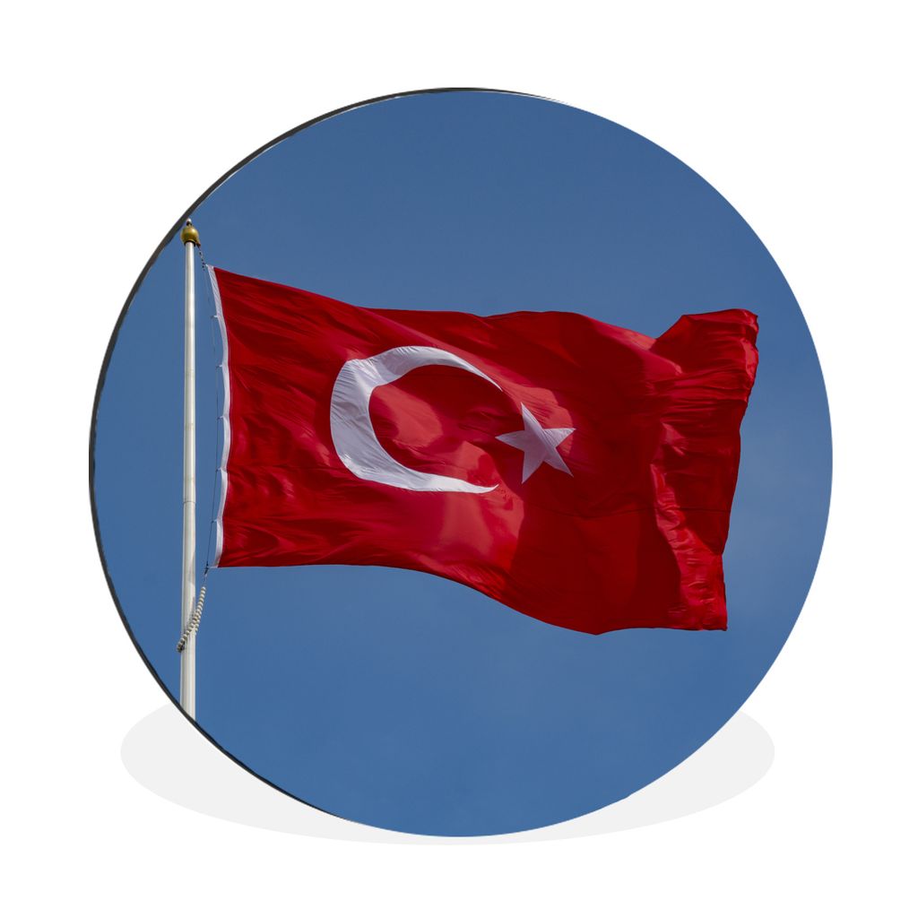 MuchoWow Aluminium Wandkreis Eine türkische Flagge am blauen Himmel Ø 60 cm Wanddeko Modern Wohnzimmer - Wand Kreis - Wandbild - Schlafzimmer -...