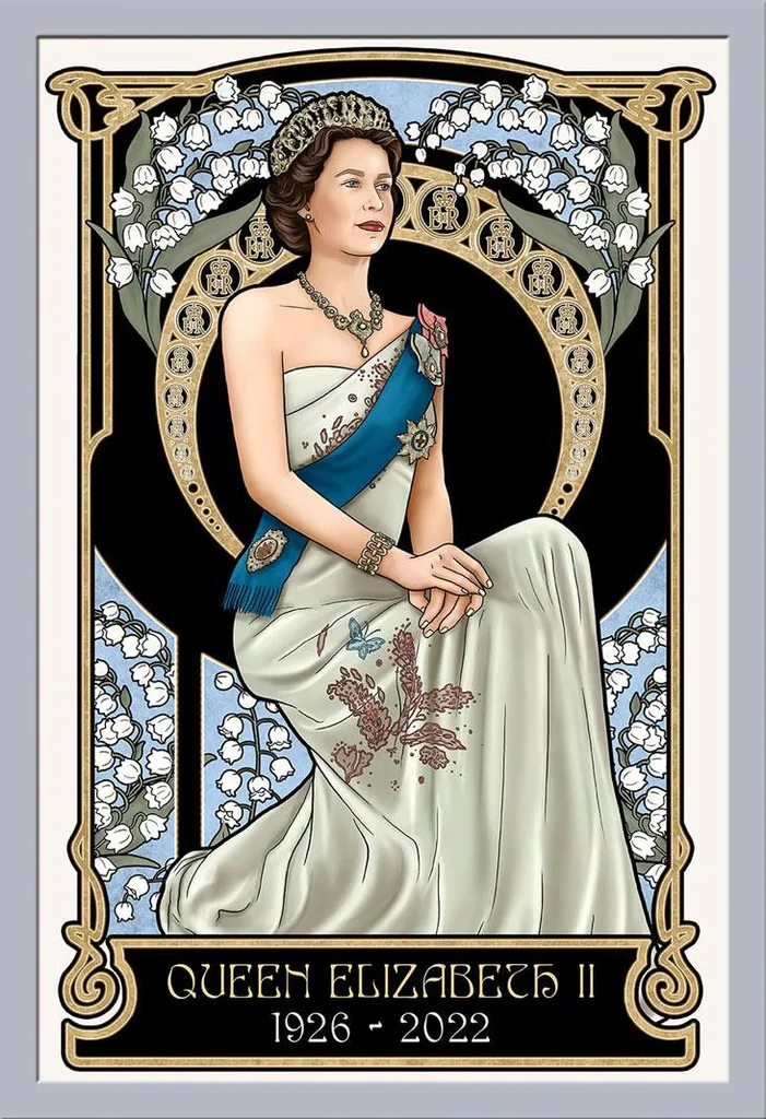 Art Nouveau Poster Queen Elizabeth II 1926-2022 Frame Shinsuke