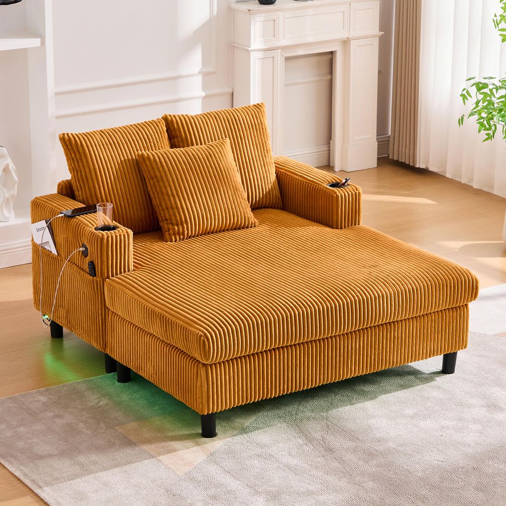 Großzügiger, weicher Chaiselongue-Liegesessel mit seitlichen Getränkehaltern, USB-Anschlüssen, integrierter LED-Ambiente-Beleuchtung – perfek...