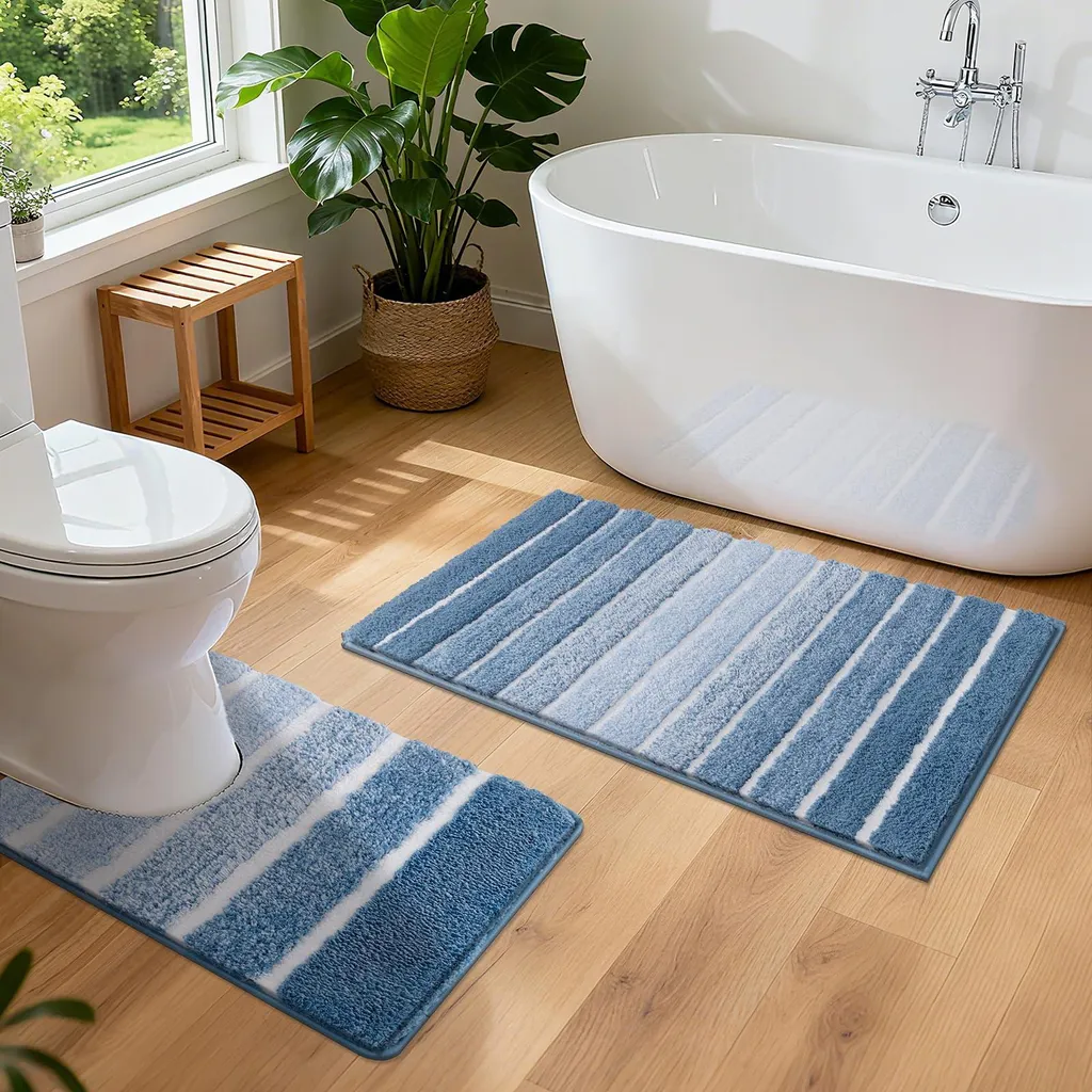 Lot 2 Tapis Bain Bleu Moelleux, Lavables, Antidérapants 45x65+50x60, Confort