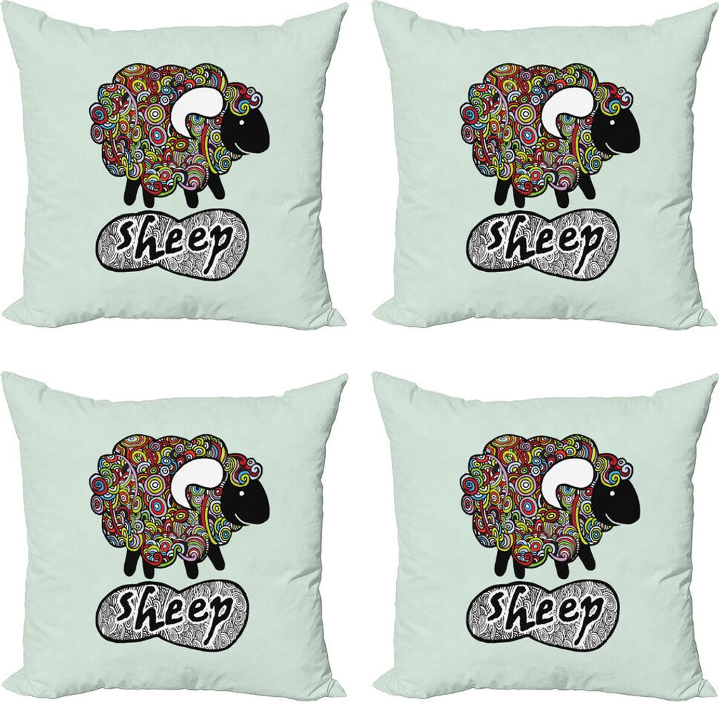 ABAKUHAUS Indie Kissenbezug Set (4 Stück), Hipster Doodle Fun Schaf, Moderner Doppelseitiger Digitaldruck, 40 cm x 40 cm, Mehrfarbig