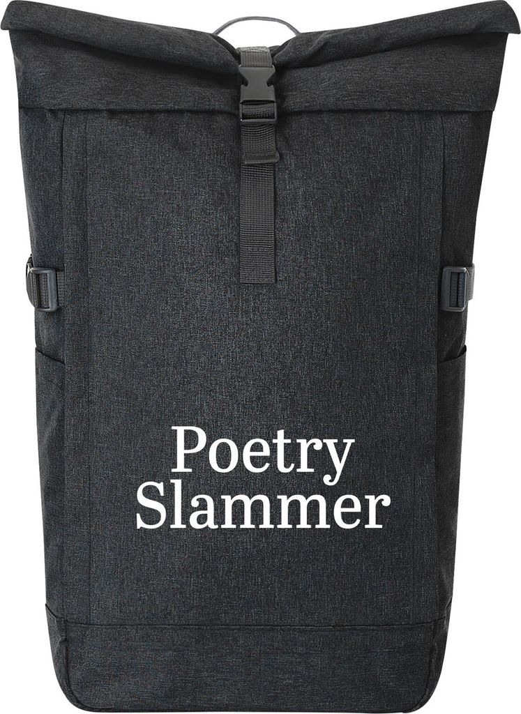 Huuraa Kurierrucksack Poetry Slammer Schriftzug 30-44 Liter Black Melange Fairtrade Rolltop Rucksack Geschenkidee
