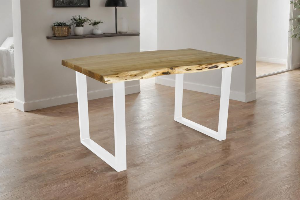 Esstisch Cali | 140 x 80 cm | Akazienholz massiv | Farbe: Eiche | U-Gestell Metall Weiß | Massivholz mit Baumkante | pflegeleichter Baumkantentisc...