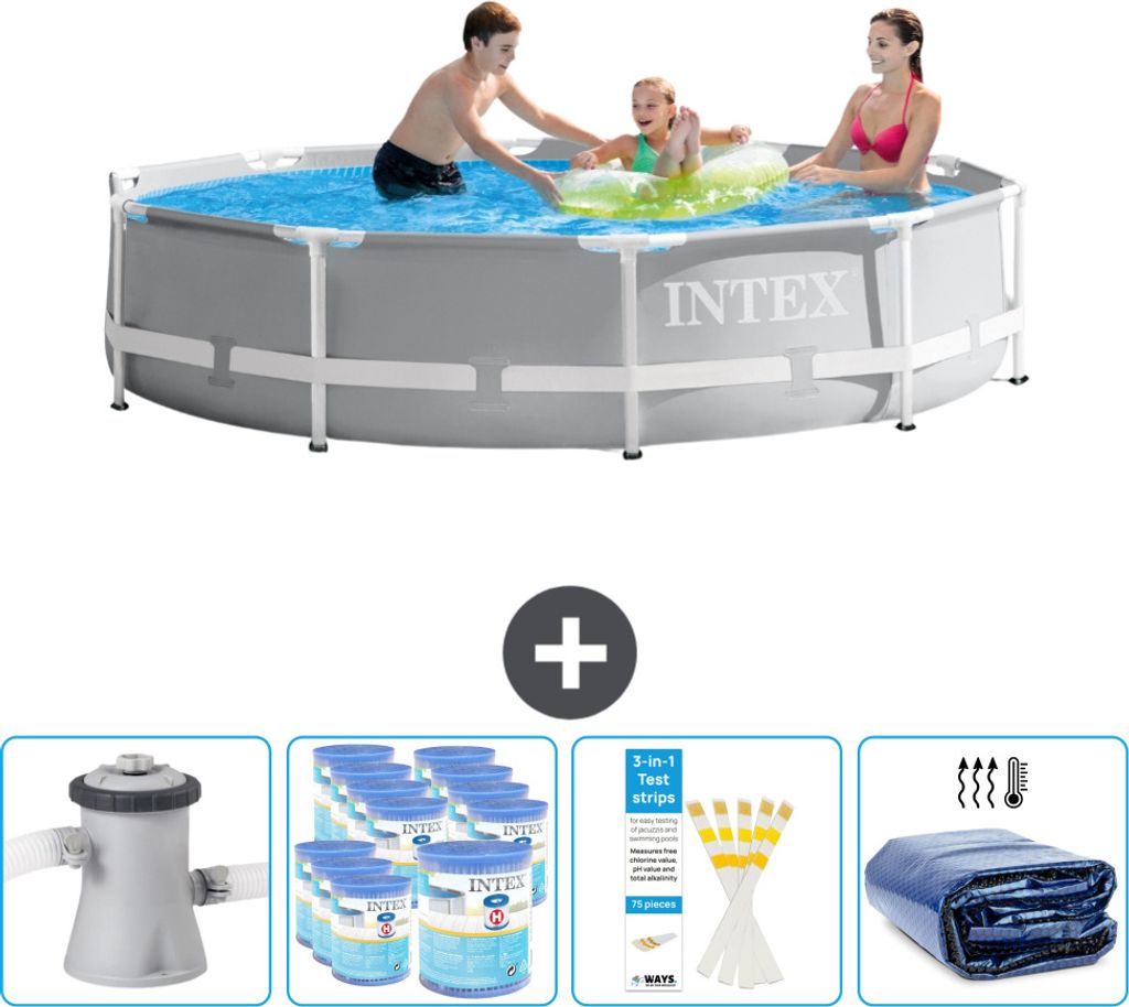 Intex Round Prism Frame Swimming Pool – 305 x 76 cm – Grau – inklusive Pumpe Filter - Teststreifen - Sonnensegel