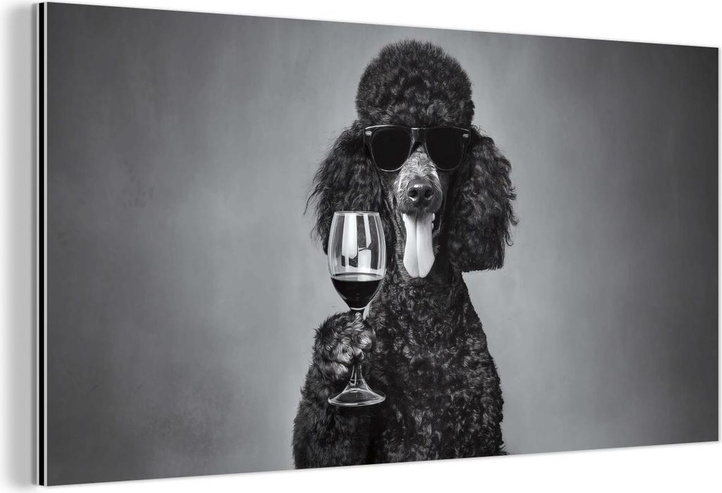 MuchoWow Wanddekoration Metall Metallbild Wandkunst 80x40 cm Hund - Locken - Sonnenbrille - Wein MuchoWow Aluminium Gemälde - Wanddekoration - Alu...