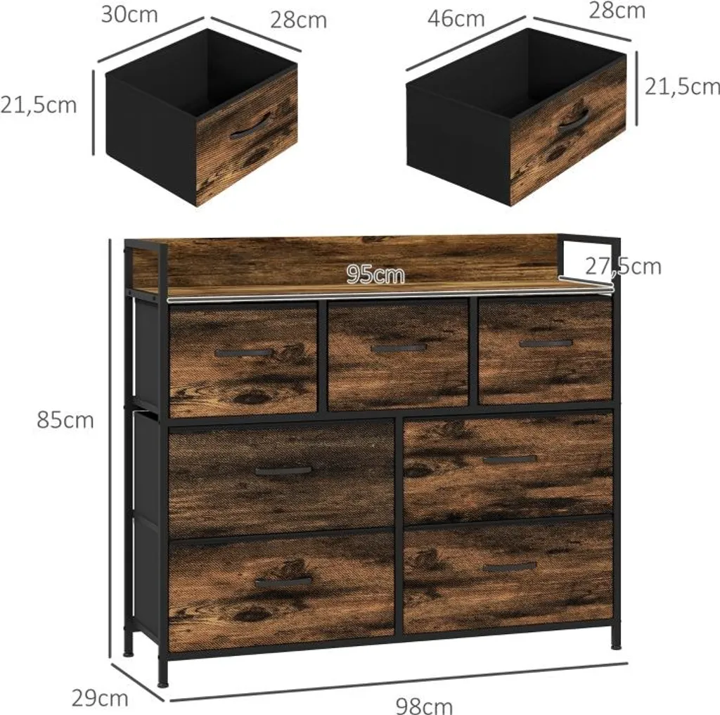 Commode marron avec 7 tiroirs en tissu et structure MDF robuste