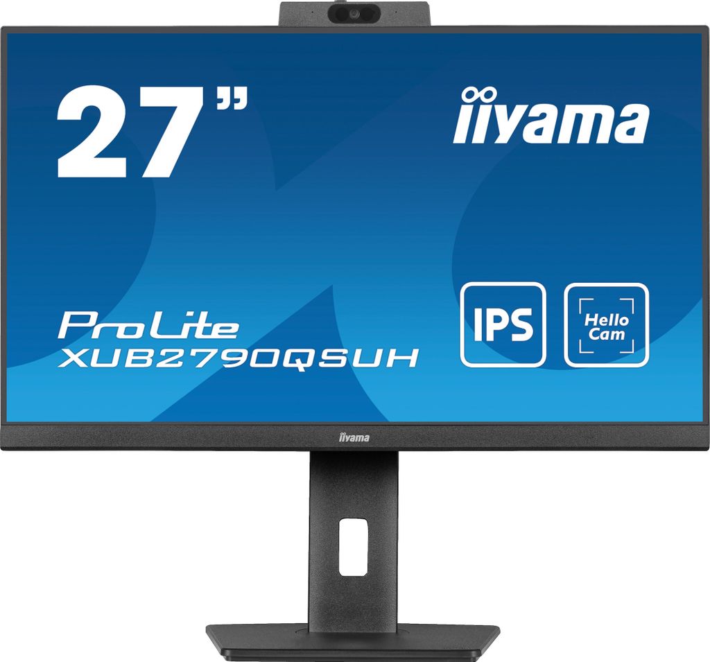 A front view of an Iiyama ProLite monitor on its stand, with marketing text and logos displayed on the screen.