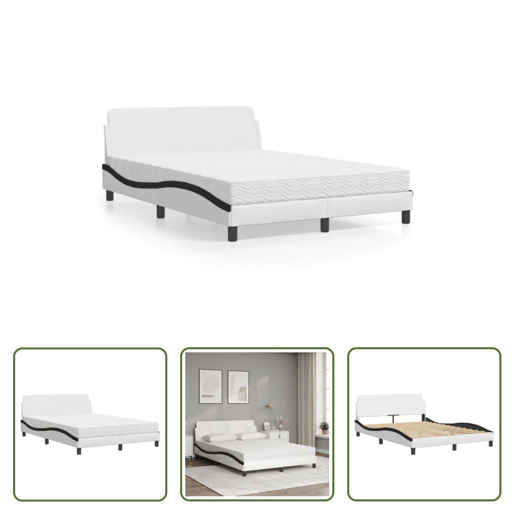 The Living Store Bett mit Matratze Weiß und Schwarz 140x190 cm Kunstleder