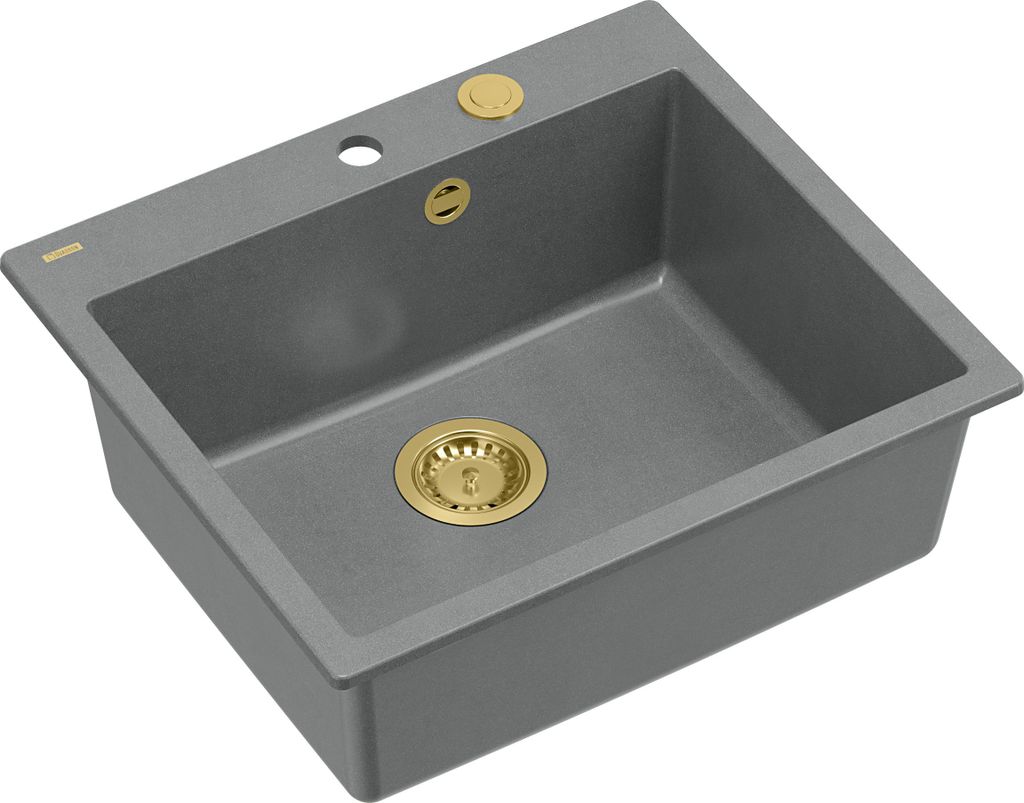 QUADRON Spülbecken 1-Becken Spüle | Größe: 57 x 50 x 22 cm | MORGAN 110 | Unterbauspüle Granitspüle aus GraniteQ mit Siphon | Grau & Golden