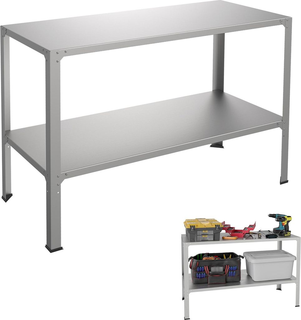 A two-tiered metal shelving unit, shown from a slightly elevated front-left angle, against a white background. A smaller, similar shelving unit with tools and storage boxes is visible in the bottom right corner.
