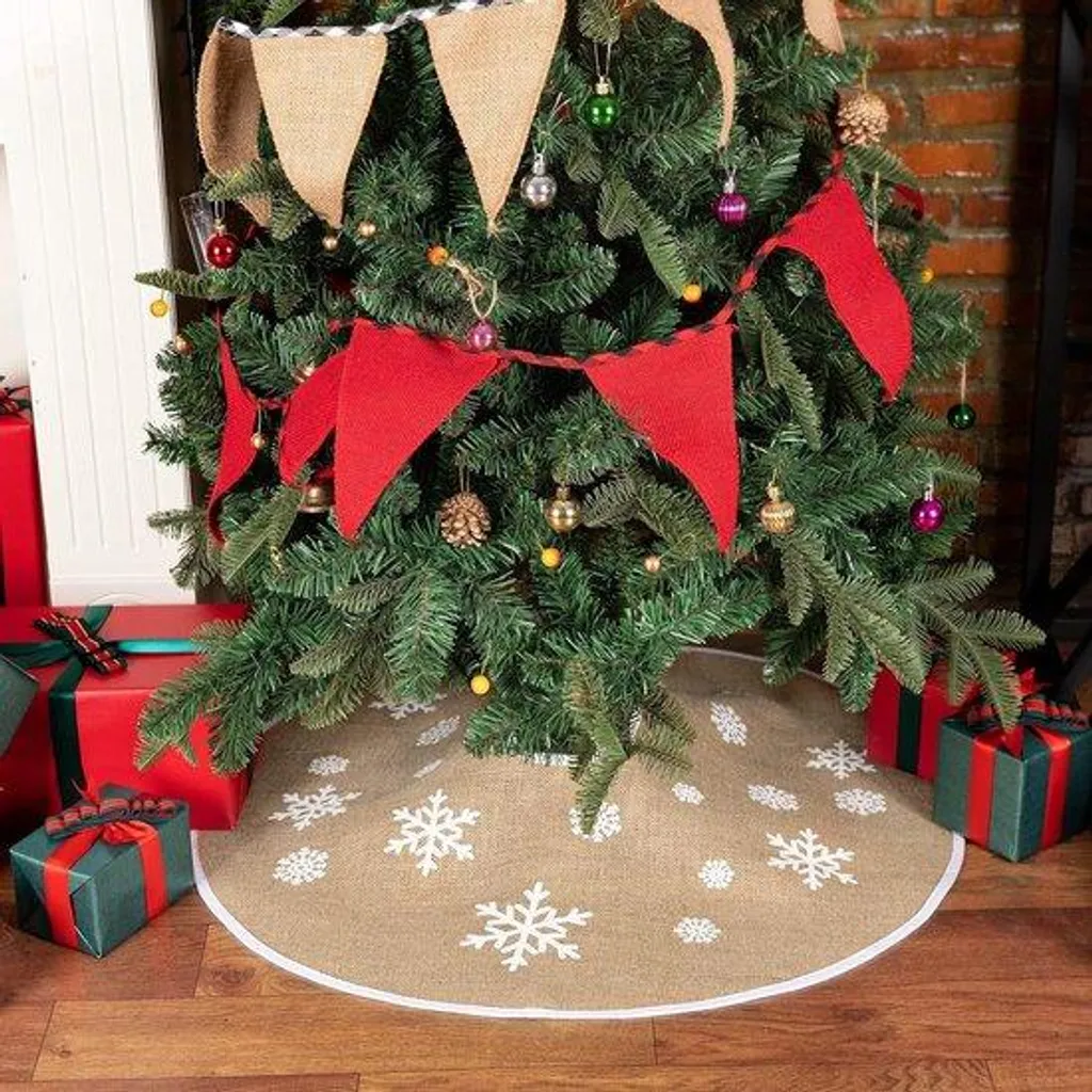 Tapis de Sapin de Noël Rond en Lin 75cm Kaki Décor Flocons de Neige