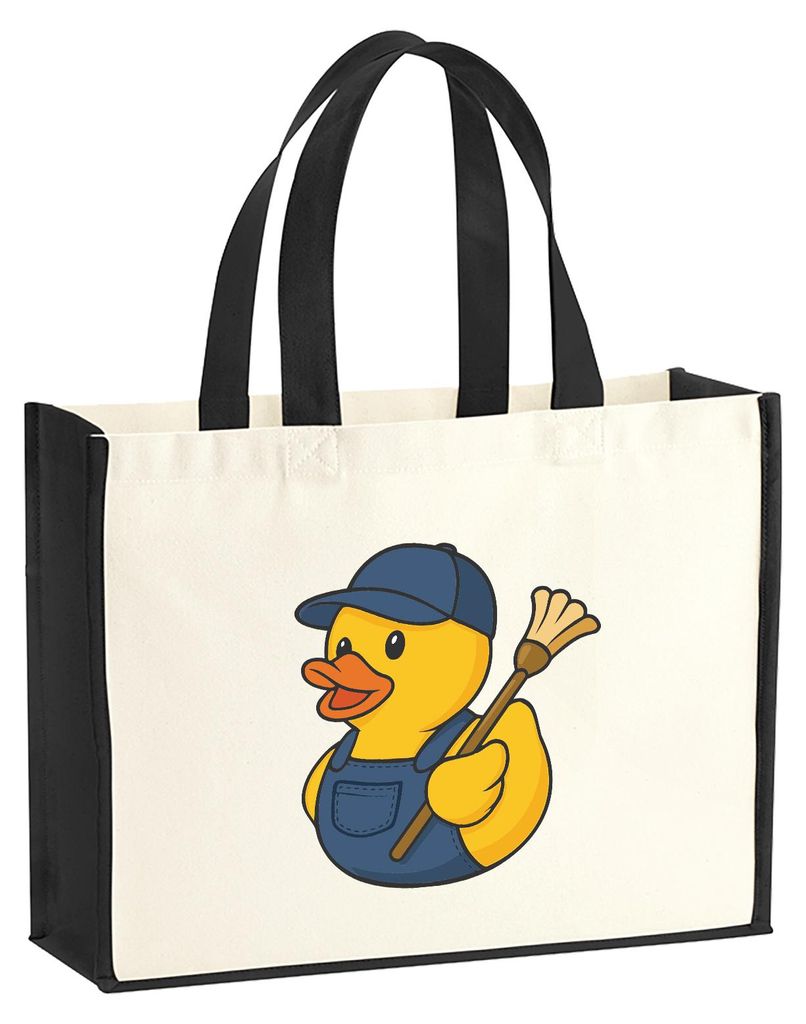 Huuraa Jutetasche Quietscheente Hausmeister Comic Gummiente 21 Liter Black Jute und Baumwolle Einkaufstasche Geschenkidee