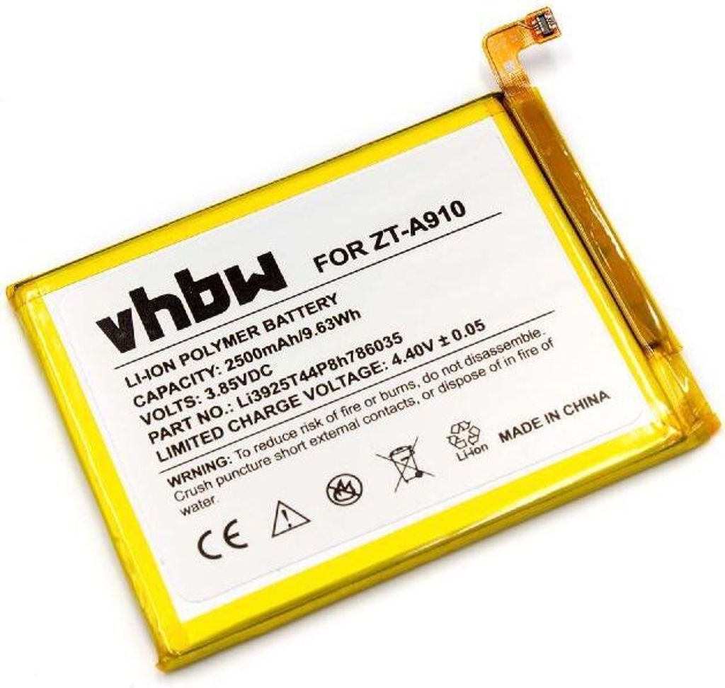 vhbw Akku kompatibel mit ZTE Blade V770, A910, A910 Dual Sim Handy Smartphone Telefon (2500 mAh, 3,85 V, Li-Polymer)
