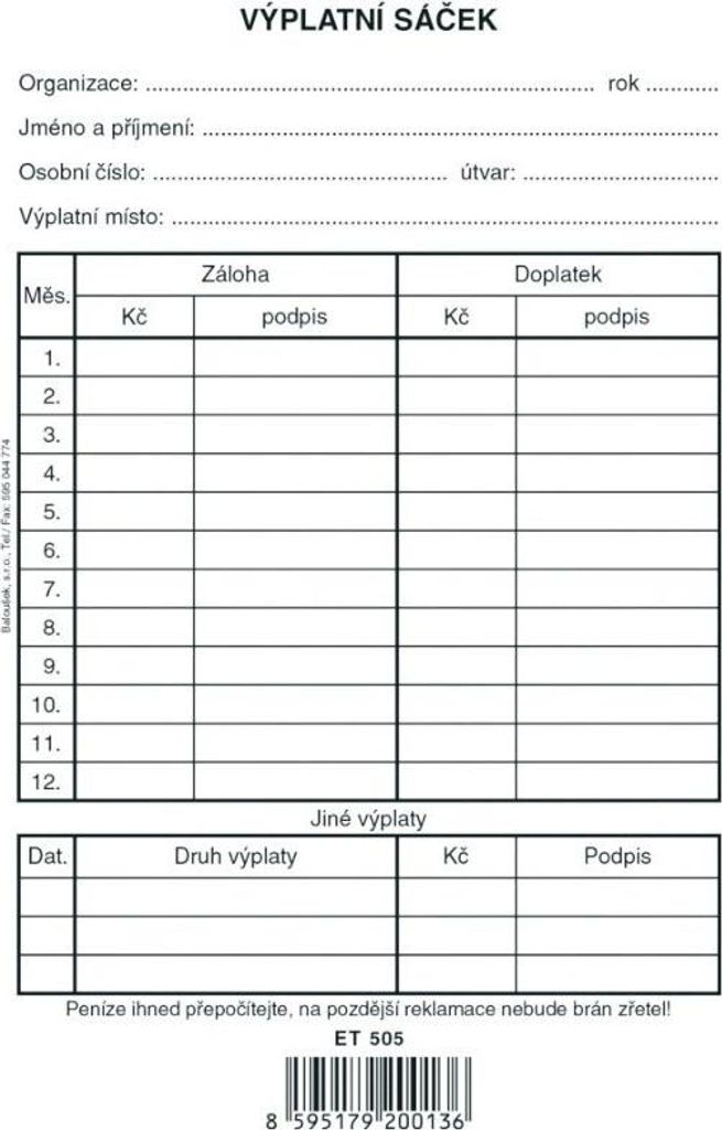 Tiskopis Výplatní sáček Baloušek, 120x180 mm, oboustranný Produktbild 