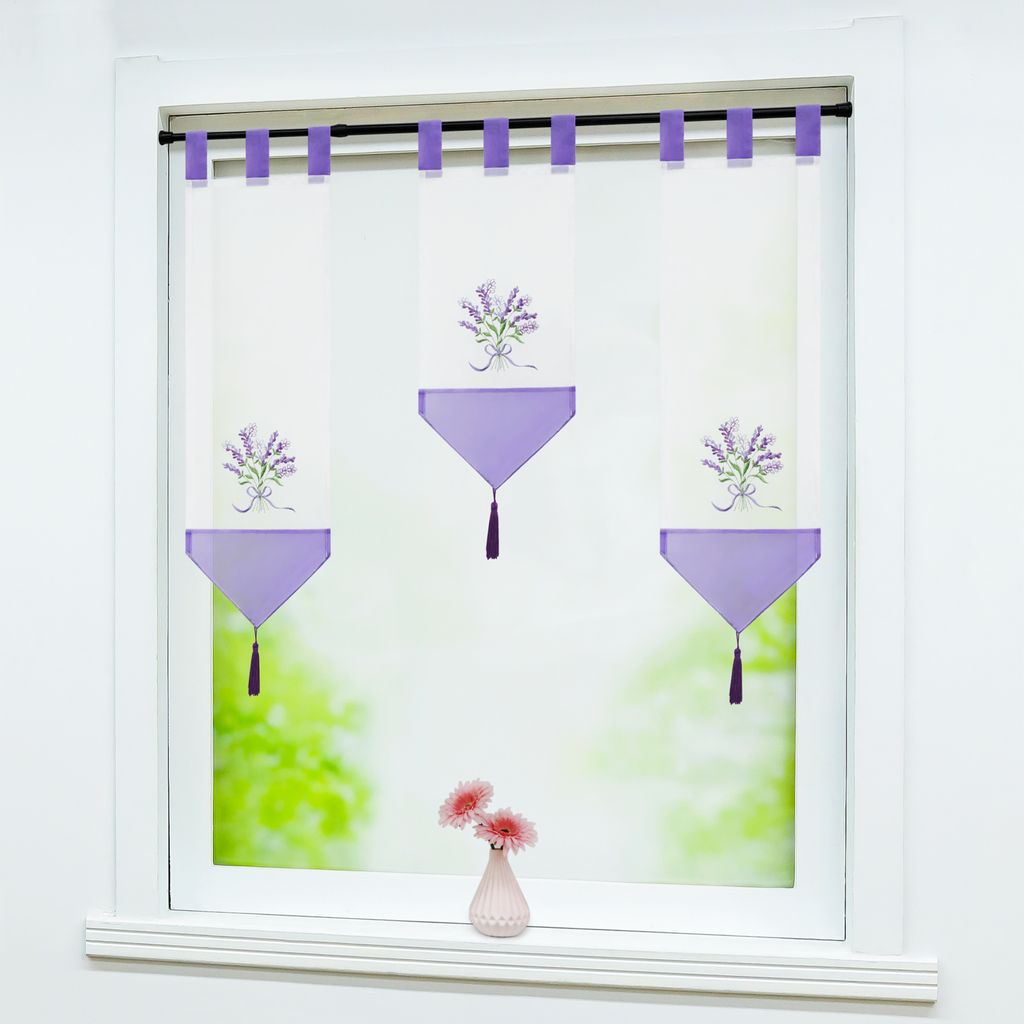Scheibengardine 3er Set, Schlaufen Bistrogardine mit Stickerei, 20cm B, 1x50cm L und 2x70cm L