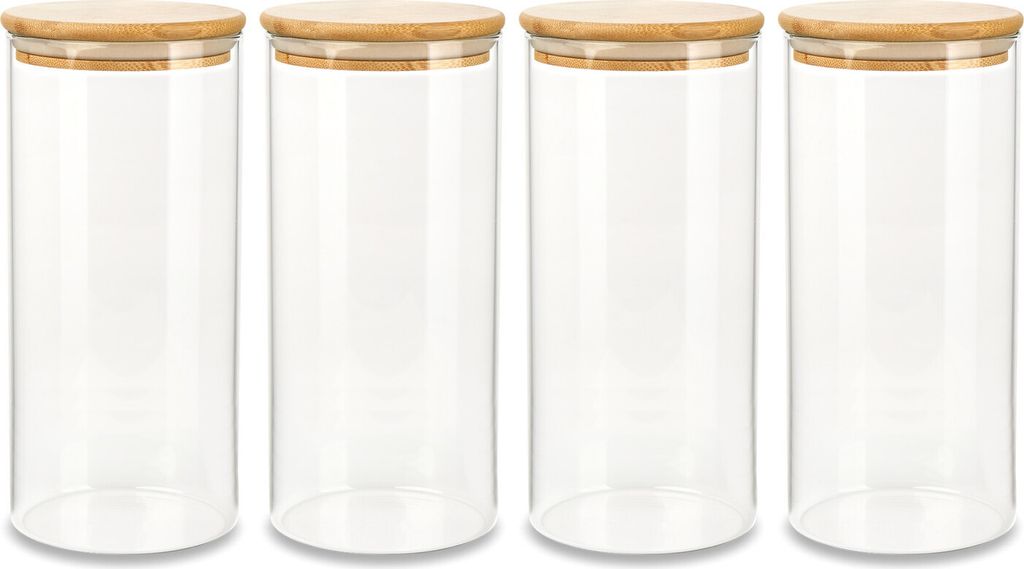 Four clear glass jars with bamboo lids are arranged in a row against a white background.
