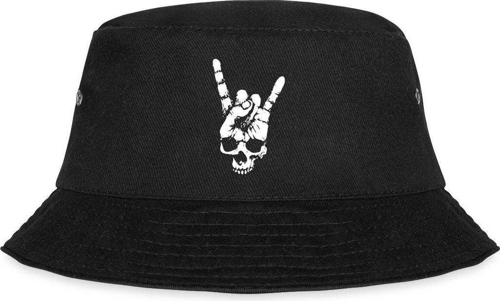 Spreadshirt Heavy Metal Totenkopf mit Teufelshörner Hand Fischerhut, L/XL (Caps), Schwarz