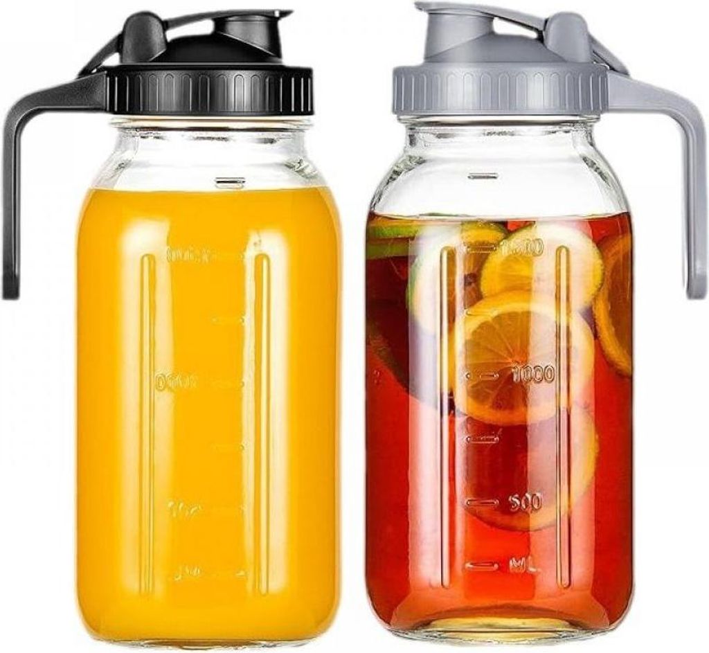 2er-Pack 1,9-Liter-Glaswasserkrug, 1,9-Liter-Mason-Jar-Krug mit breiter Öffnung und luftdichtem Deckel für Eistee, Cold-Brew-Kaffee, Kühlschrank...