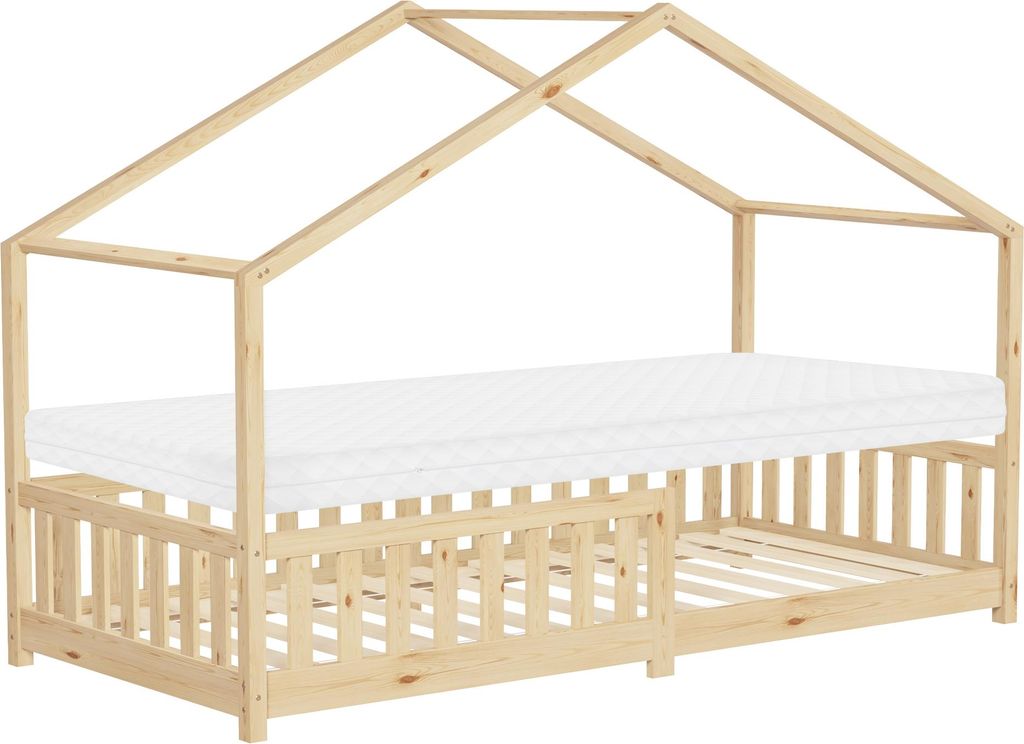 ML-Design Kinderbett Hausbett 90x200 cm Natur mit Matratze H:10cm, Rausfallschutz Lattenrost und Dach, Spielbett aus massivem Kiefernholz Bodenbett