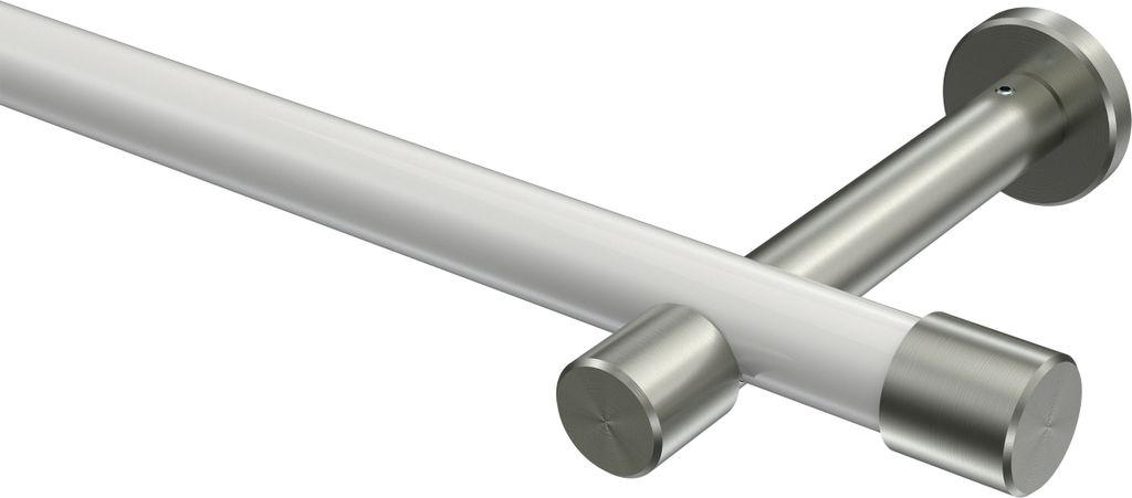 Interdeco Gardinenstange / Vorhangstange Weiß / Edelstahl-Optik, Typ Prestige Santo (Kappe) ohne Ringe, 20 mm Ø 1-läufig, 320 cm
