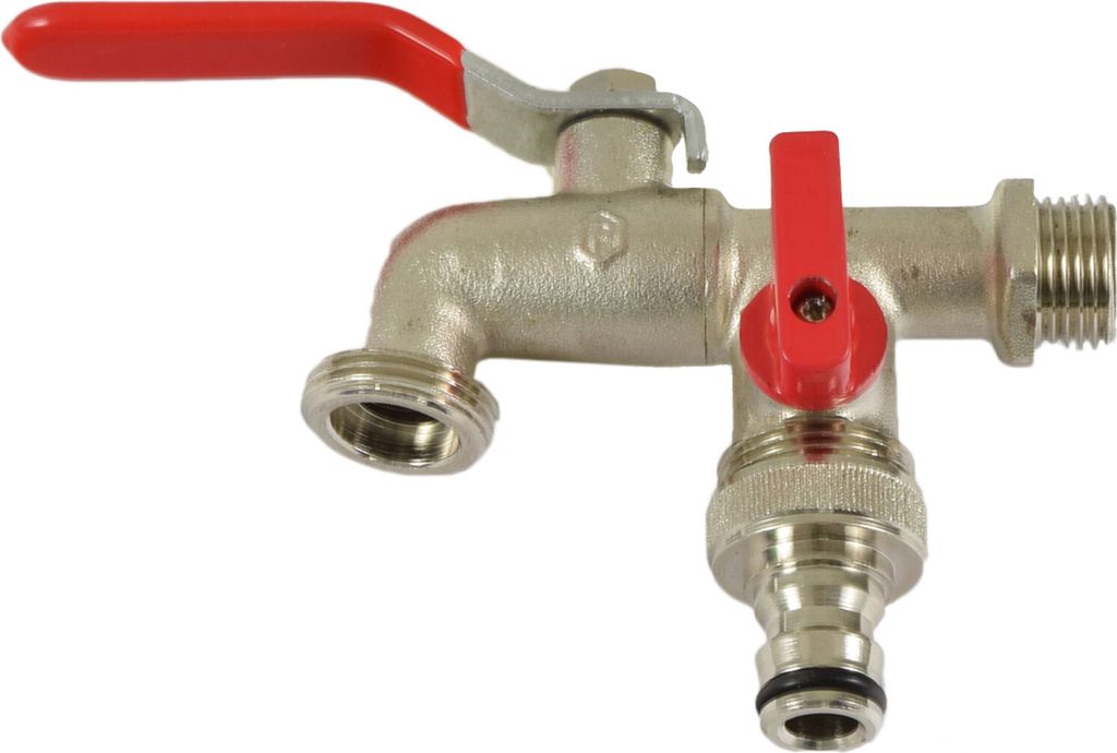 Agora-Tec Wasserhahn 1/2 Zoll AG mit 3/4 Zoll Abgang und zweiten Stecksystemanschluss vernickelt (zwei Auslaufventile für zwei
