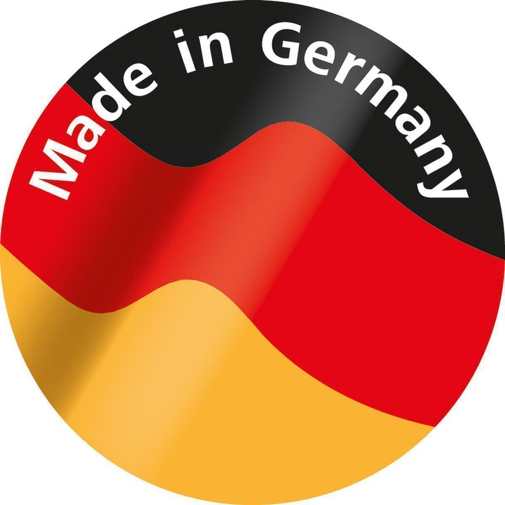 A circular graphic featuring the German flag colors and the text 'Made in Germany'.