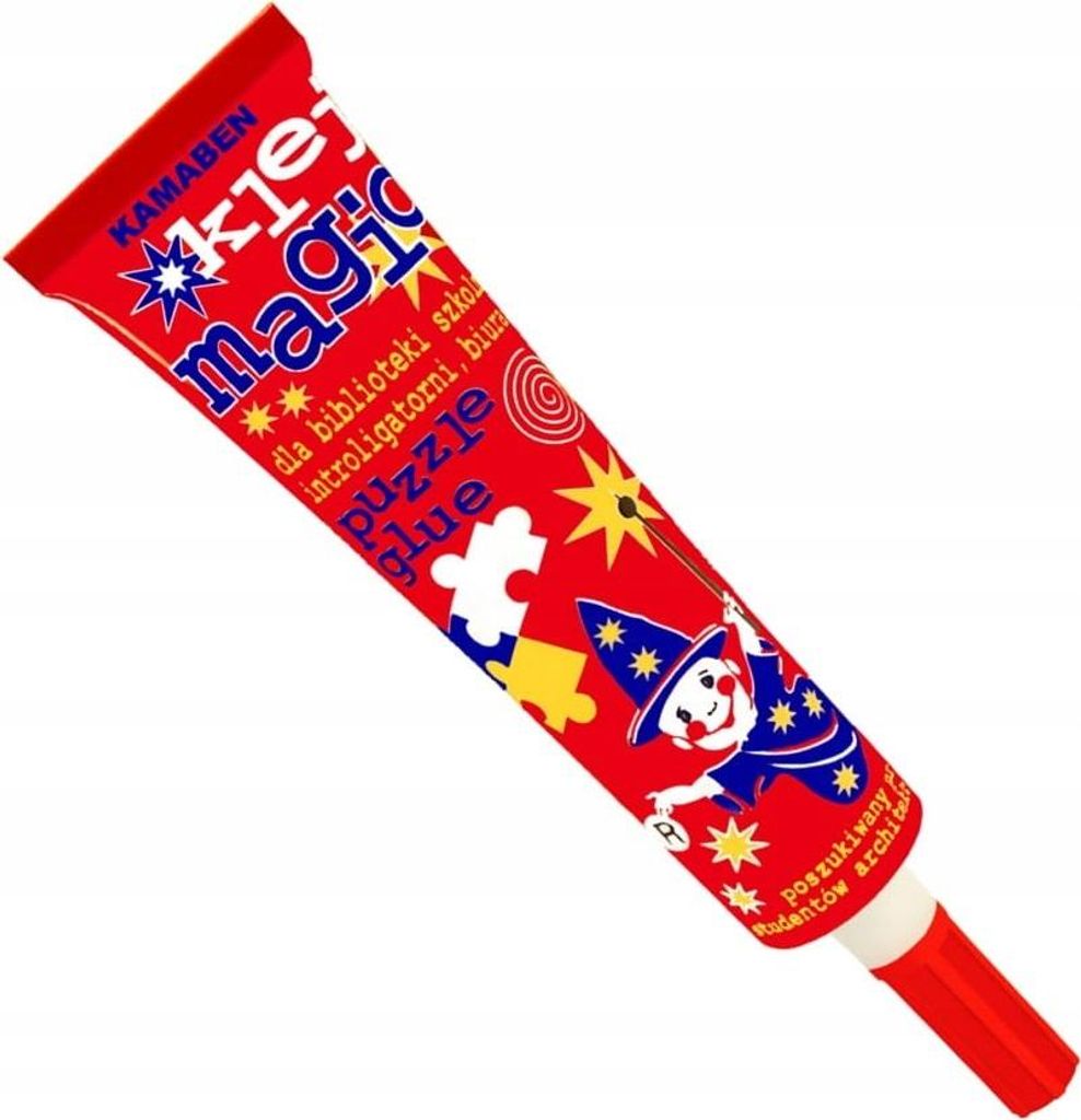 A tube of puzzle glue with cartoon illustrations.