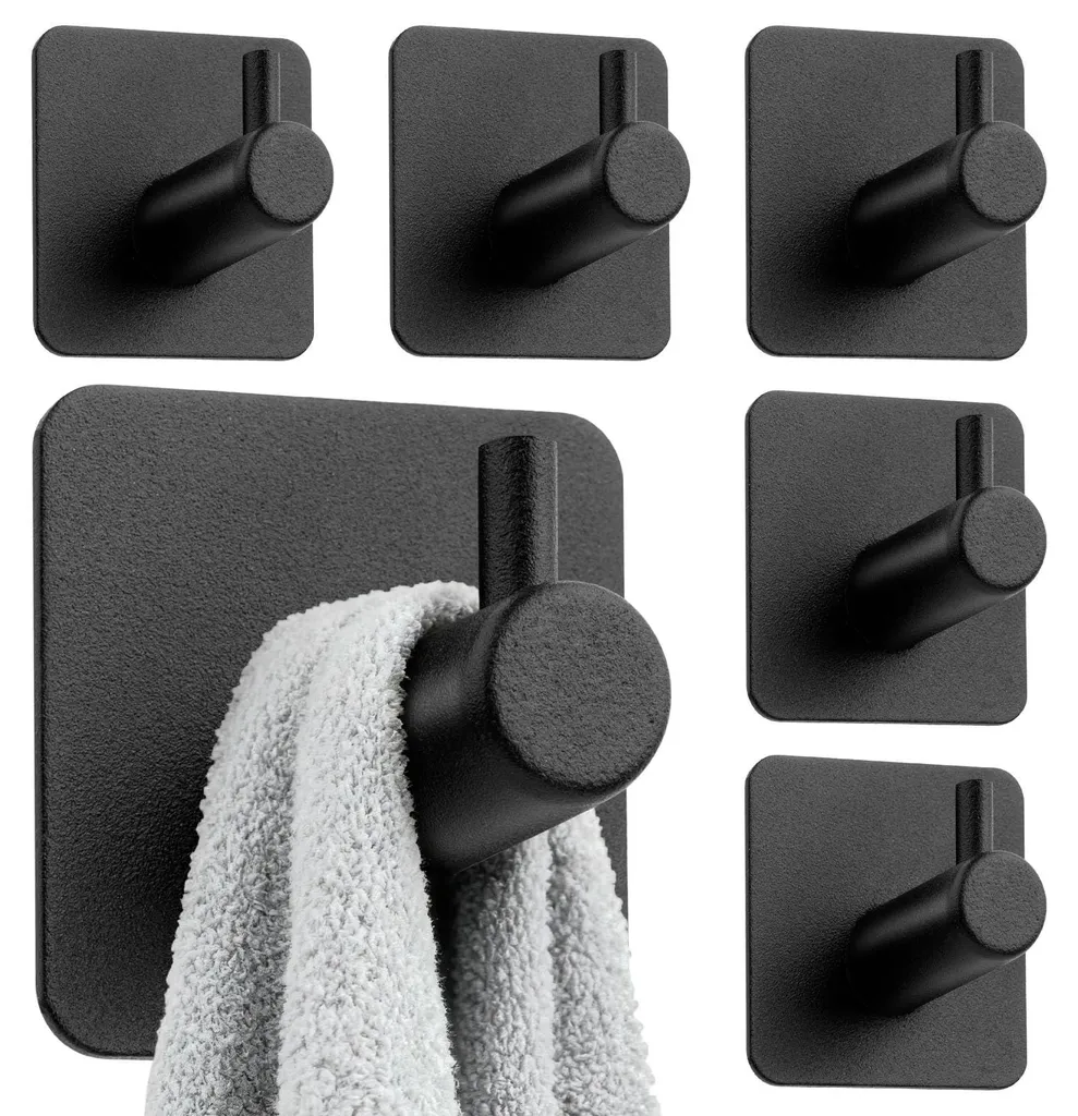 Crochet Mural Adhésif 3M Haute Résistance en Acier Noir Pack de 6 PCS