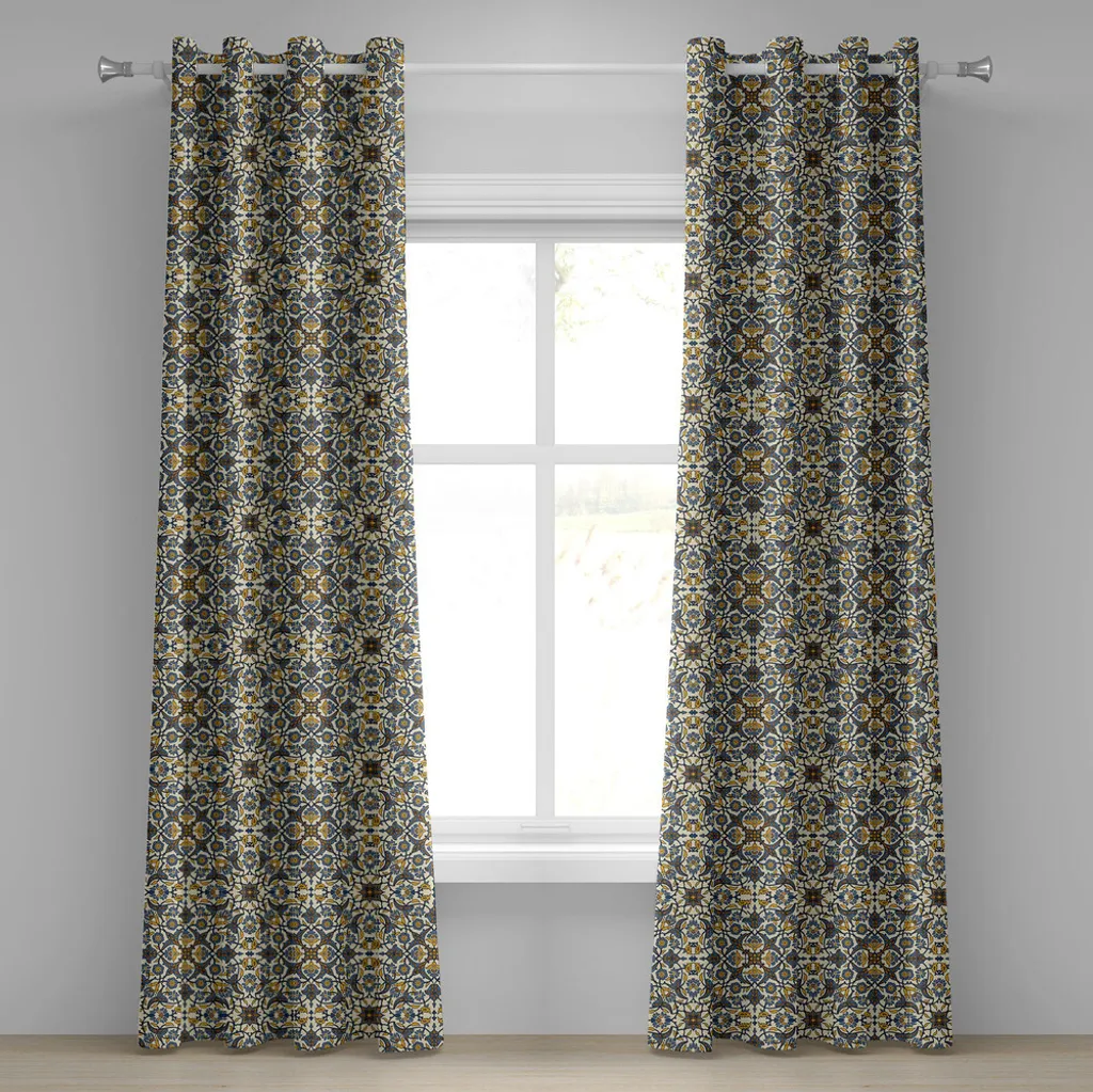 Rideaux à œillets en tissu satiné motif arabesque marron et jaune
