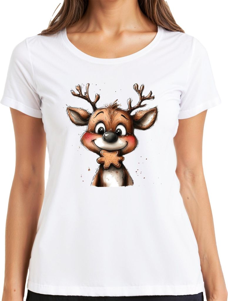 Rentier Lebkuchen Weihnachten Geschenk Kinder Niedlich Retro Damen T-Shirt, Weiß, 3XL