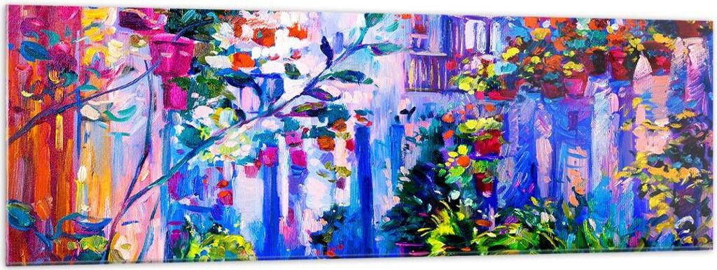 Bilder auf glas - Zuhause blumen straße himmel - 160x50cm - Glasbilder - Wandbilder - Kunstdruck - zum Aufhängen bereit - Wanddekoration aus Glas...