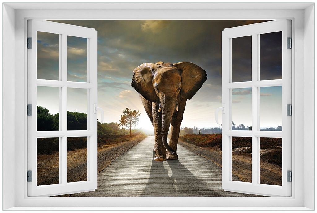 Wallario Premium Glasbild mit Fensterrahmen, freischwebende Optik, kräftige Farben, Größe 60 x 90 cm Motiv Elefant bei Sonnenaufgang in Afrika