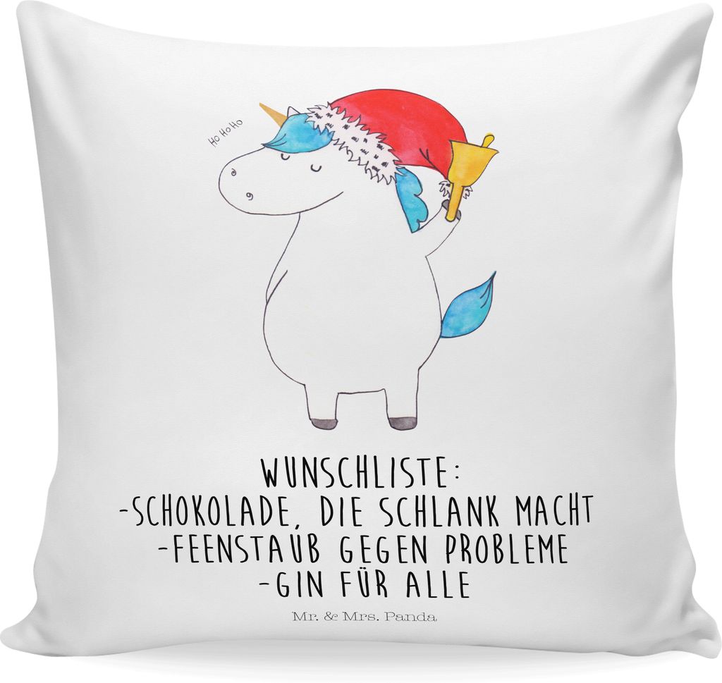 Mr. & Mrs. Panda Kuschel Kissen Einhorn Weihnachtsmann - Weiß - Geschenk, Unicorn, Polster, kuschelkissen 40x40, Schokolade, Weihnachten, Sofakiss...