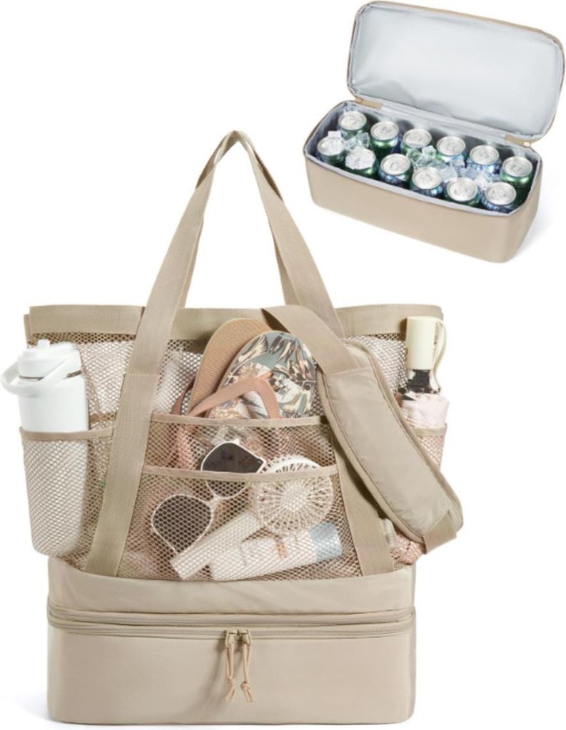 Strandtasche mit Kühlfach, große, faltbare Strandtasche aus Netzgewebe mit Reißverschluss und Taschen für Pool, Schwimmen und Reisen.