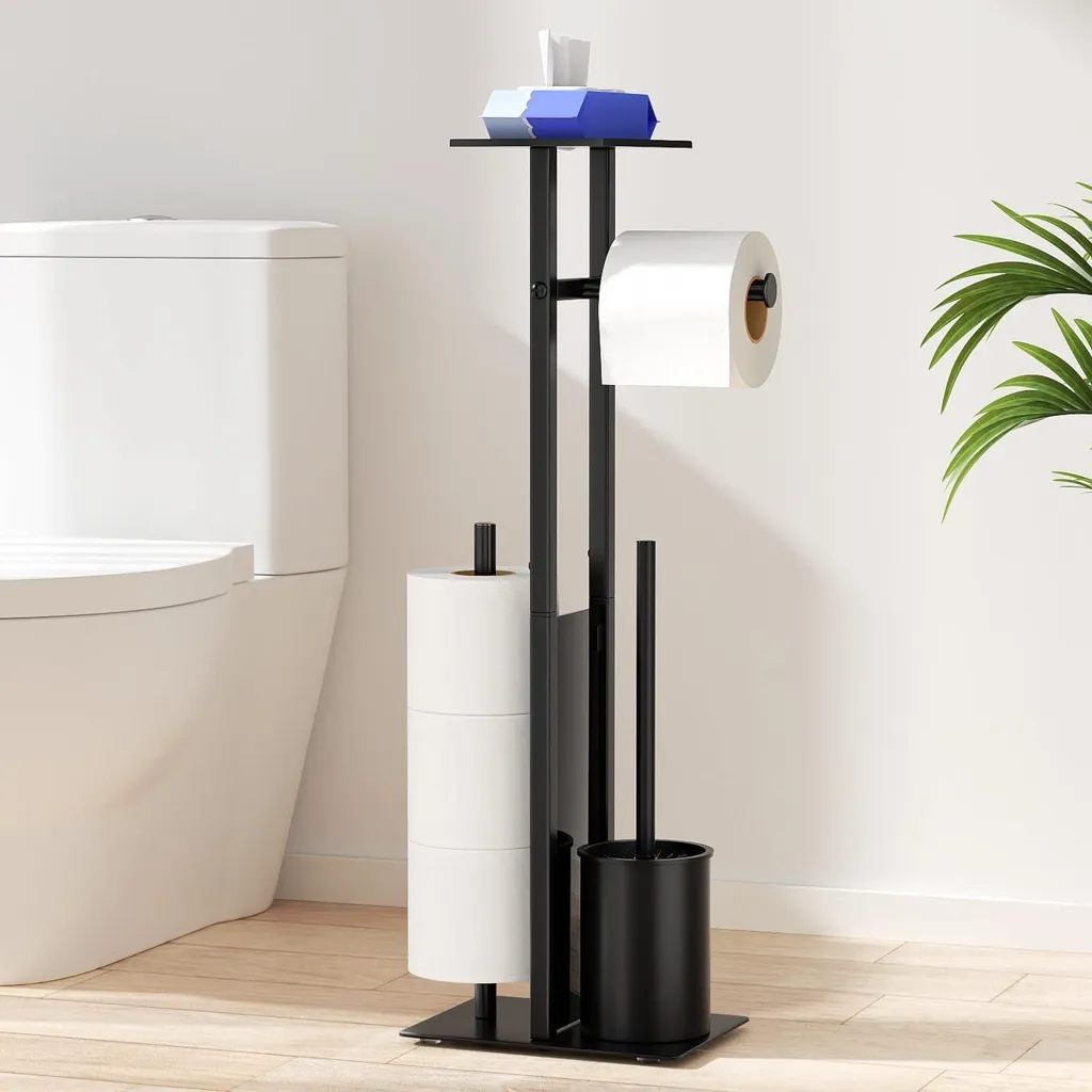 Piantana Bagno Inox con Porta Scopino e Ripiano in Vetro - Design Elegante