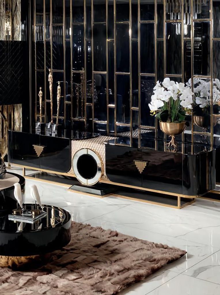 Lowboard Wohnzimmer Holz Schränke Dunkles Edelstahl Regale Ästhetik Schönheit